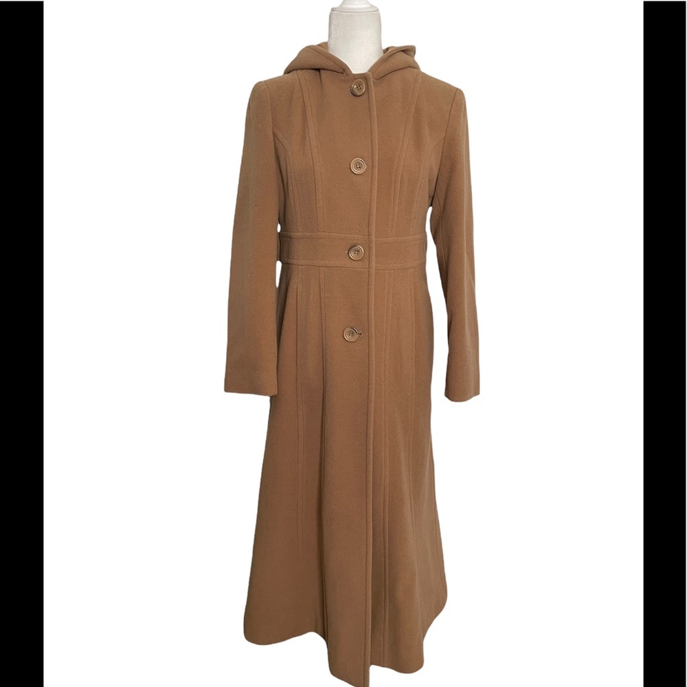 Brinkley Collection Camel Hooded Wool Blend Long Coat